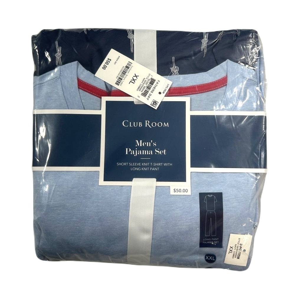 Club Room Pajama Sets Mens 2XL Blue Knit Pants & Short Sleeve‎ Shirt $50 NEW